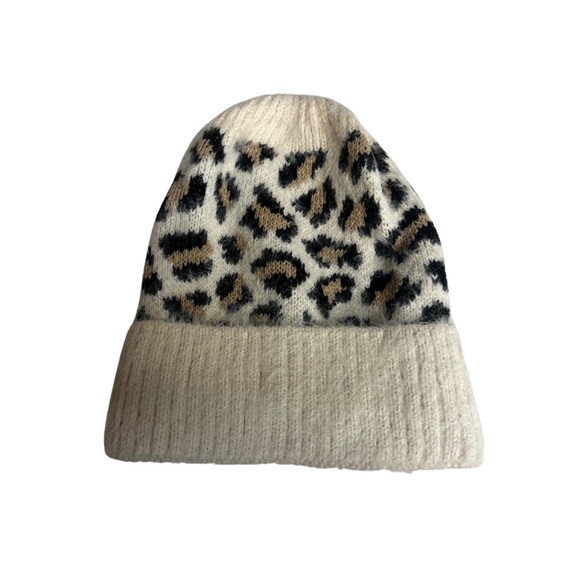 Leopard Print Beanie Hat Solid Trim - Tan - Picture 2 of 3